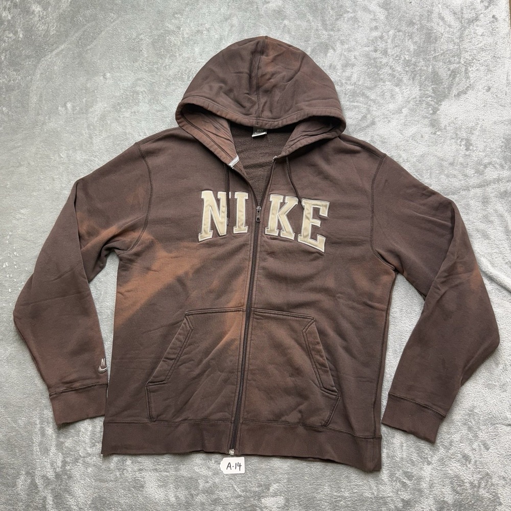 Vintage Nike Hoodie Mens XL Embroidered Spellout Logo Brown Full Zip Y2K Faded